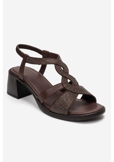 Luvishoes Dolen Kahverengi Hakiki Deri Kadın Taşlı Kalın Topuk Sandalet