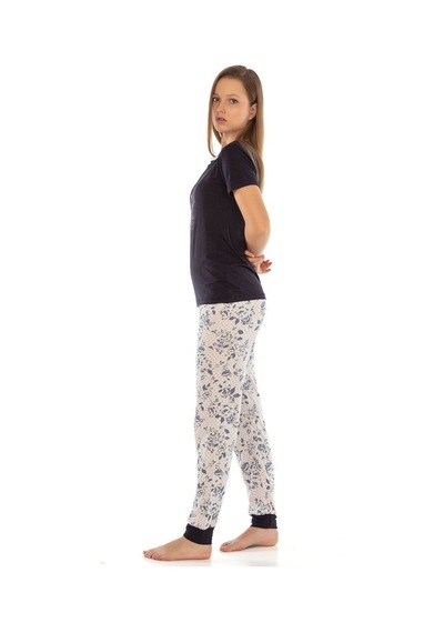 Vishenka Kadın Alt Likrasız Üst Likralı Viskon Baskılı Pijama Takımı Lacivert