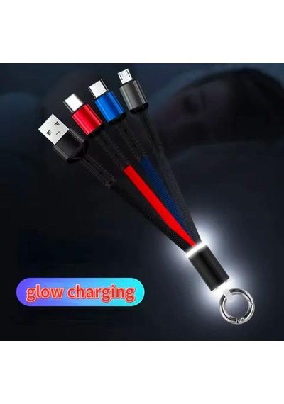 3 Başlıklı Kısa Işıklı Şarj Data Kablosu Powerbank Kablosu 3 Uclu Anahtarlıklı Tüm Telefonlara Uyumlu
