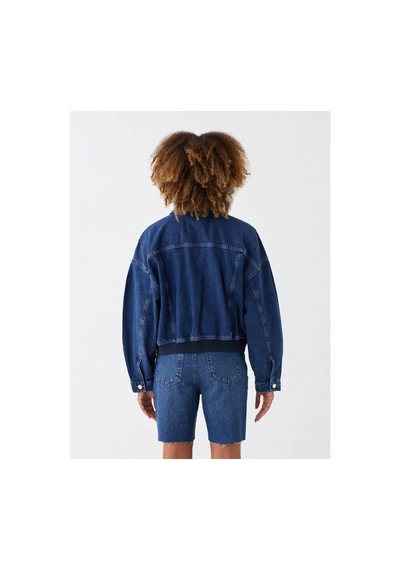 LC Waikiki Lcw Vision İndigo Gömlek Yaka Oversize Kadın Jean Ceket Orta İndigo Rodeo