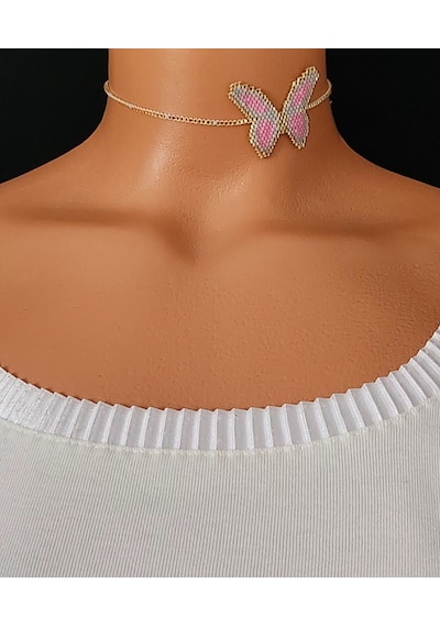 Harmel Jewelry Miyuki Pembe Kelebek Choker Kolye