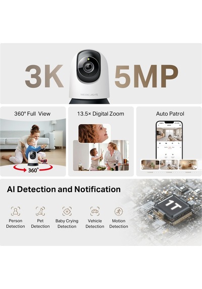 Mercusys 5mp 4mm Kablosuz Wıfı Pan-tilt Ip Kamera Mc230