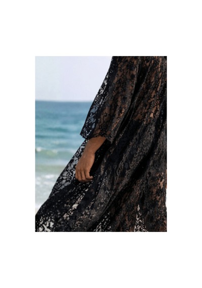 Qmen Style Erkek Plaj Kaftanı Siyah Lace Dandel Siyah