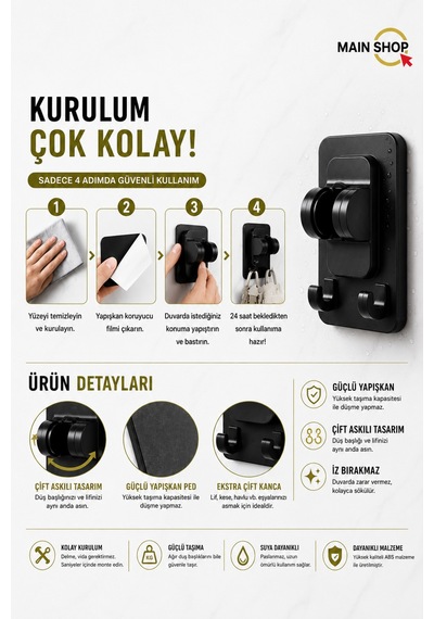 Mainshop Yapışkanlı Çift Askılı Duş Başlığı Tutucu - Delme Gerektirmez Banyo Duş Askısı M-049 Siyah