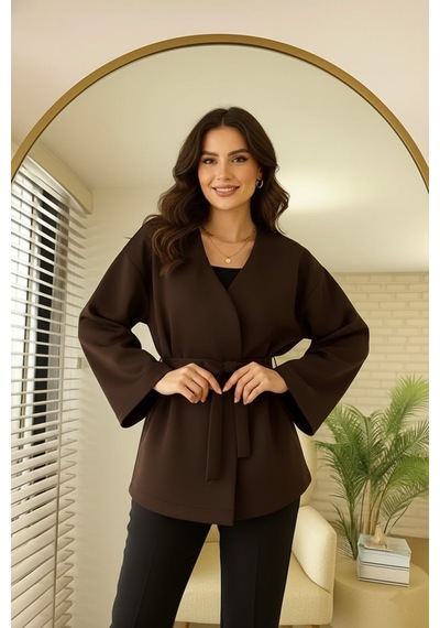 Unika Boutique Kadın Yeni Sezon Kuşaklı Scuba Ceket Kimono Tunik Oversize Trend Rahat Modern Tesettüre Uygun Kahverengi