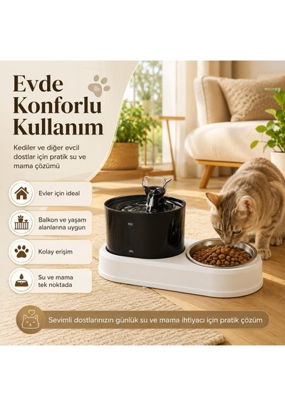 Tr Otomatik Evcil Hayvan Su Pınarı Ve Mama Kabı, Filtreli Su Sirkülasyonlu Kedi Köpek Suluğu, Paslanmaz Çelik Mam