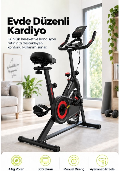 Kochler Spin Kondisyon Bisikleti 4 Kg Volanlı, Ayarlanabilir Dirençli Egzersiz Bisikleti Kırmızı Siyah - Kırmızı