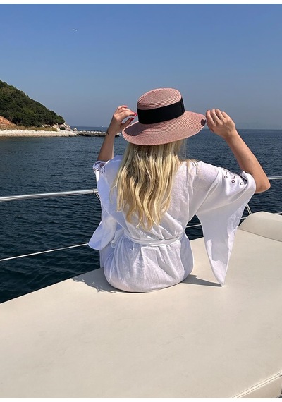Mayovera Kimono - Nakışlı Beyaz %100 Keten Plaj Elbisesi Beyaz