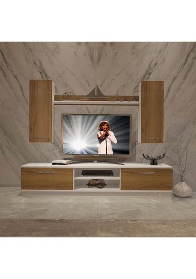 Decoraktiv Eko 5db Mdf Dvd Tv Ünitesi Tv Sehpası - Beyaz Pera Beyaz - Meşe