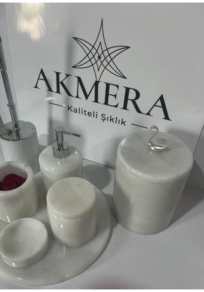 Akmera Elite 7 Parça %100 Gerçek Mermer Banyo Seti Beyaz - Gümüş