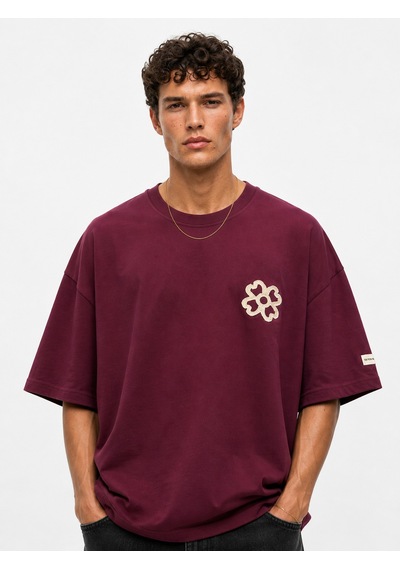 Respire Erkek Nakış Detaylı Oversize T-shirt Vişne
