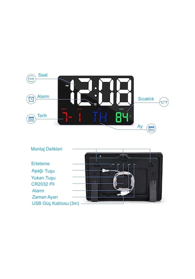 Dijital Duvar Saati Hd Led Ekran Tarih Gün Sıcaklık Alarm Usb Dekoratif 25x16cm Siyah