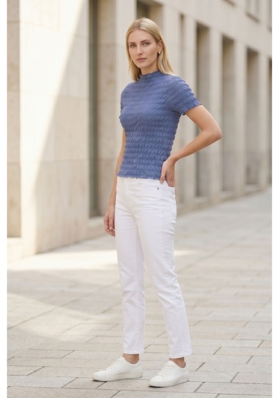 Kadın Mavi Büzgülü Dokulu Bluz Slim Fit Kısa Kol Yüksek Yaka Esnek Modern Şık Üst Bluz