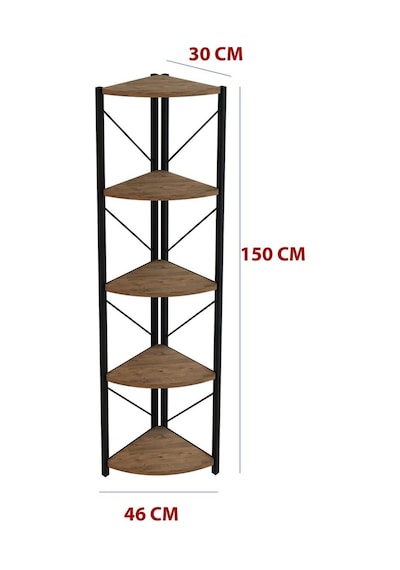 Datça 5 Raflı Metal Köşe Çiçeklik Saksılık Rafı Dekoratif Aksesuar Rafı Ceviz Ceviz