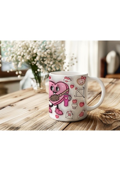 Aşık Pembe Kalpler Kupa Bardak - Kalpli Sevimli Sevgili Couple Tasarım Kabartmasız Beyaz