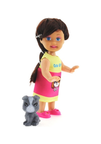 Cute Girl Gri Köpekli Ve Kumral Mini Bebek