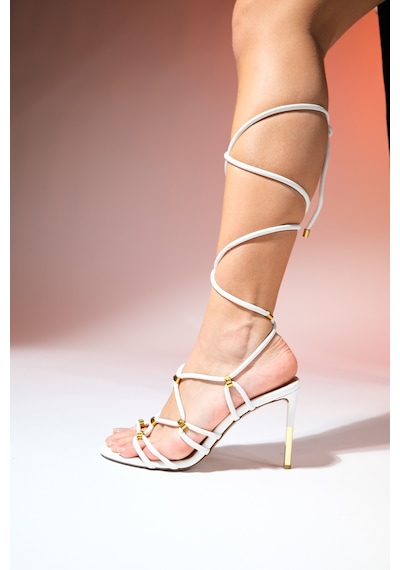 Luvishoes Open Beyaz Cilt Kadın Bilekten Bağlamalı Yüksek Topuklu Ayakkabı Beyaz