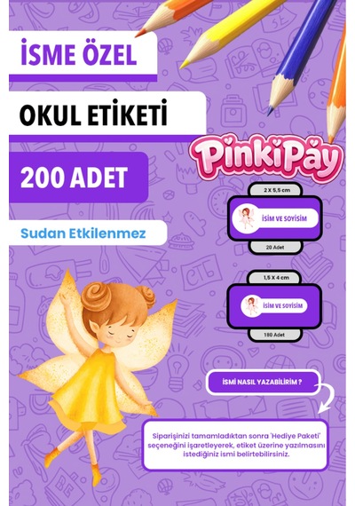 İsim Yazılabilir Sevimli Peri Kızları Temalı Okul Etiketi Kalem & Defter İçin 200 Adet Çoklu