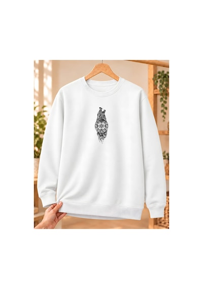 Mor Mürekkep Uluyan Bozkurt Ve Dairesel Tamga Baskılı Bisiklet Yaka Sweatshirt - Beyaz