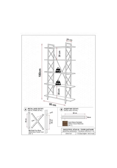 Modern 5 Raflı Metal Kitaplık - 180 Cm Ceviz Raflı Dekoratif Çelik Gövdeli Kitaplık Siyah