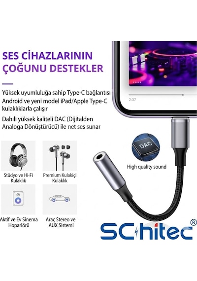 Schitec Type-c To 3.5mm Aux Dönüştürücü Adaptör Hifi Stereo Ses 10cm Siyah Hg/axt-02