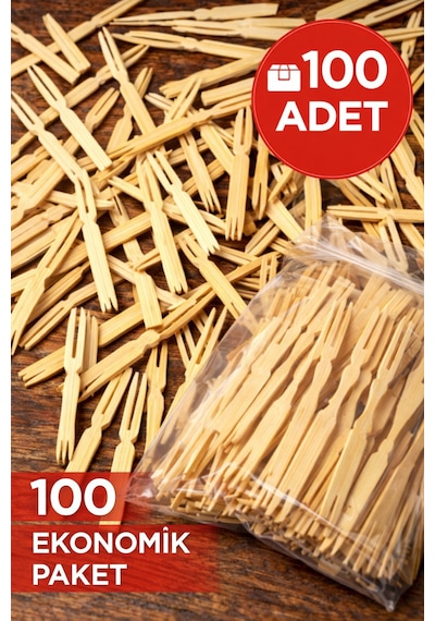 100 Adet Bambu Çatallı Kürdan 9 Cm Kokteyl Kürdanı Aperatif Sunum Kürdanı Mini Burger Kürdanı
