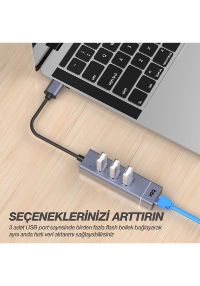 Bx03hb Usb 2.0 Hub 3 Port Ve Rj45 Ethernet Adaptör 10/100mbps Macbook Uyumlu Çoklayıcı 3 Adet Usb 2.0 Ve 1 Adet Ethernet