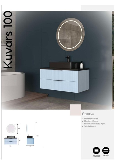 Evros Kuvars 100 Cm Banyo Dolabı Mavi