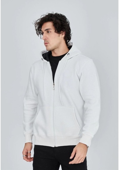 Vinevesta Erkek 3 İplik Pamuklu Kapüşonlu Tam Fermuarlı Cepli Hoodie Sweatshirt - Beyaz Çok Renkli