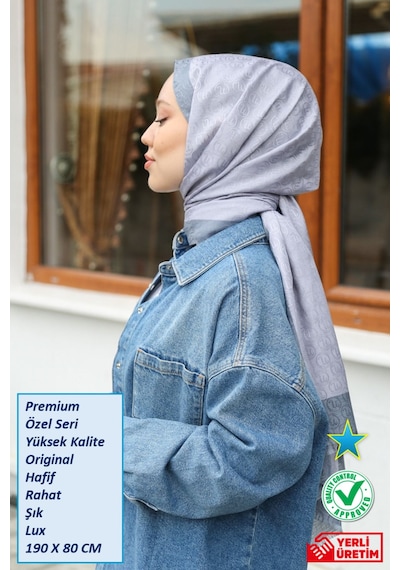 Premium Lux Original Monogram Şal İpek Vual, Yüksek Kalite, Hafif, Rahat, Şık, Tesettür, Shawl Gümüş Gri Açık Gri Şeritli