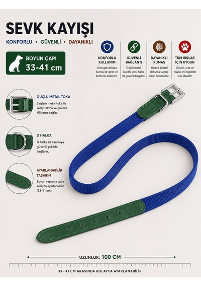 Köpek Boyun Tasması 33-41 Cm Dokuma Kumaş Deri Detaylı Ayarlanabilir Metal Tokalı - Mavi Yeşil Çok Renkli