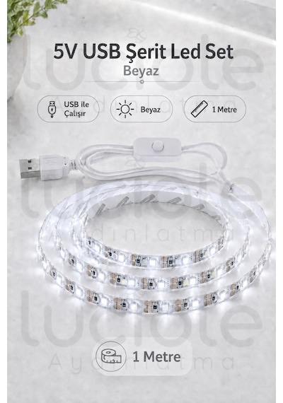 5v Usb Şerit Led 1 Metre Beyaz Işık Anahtarlı Powerbank Uyumlu Tezgah Altı Dekoratif Led