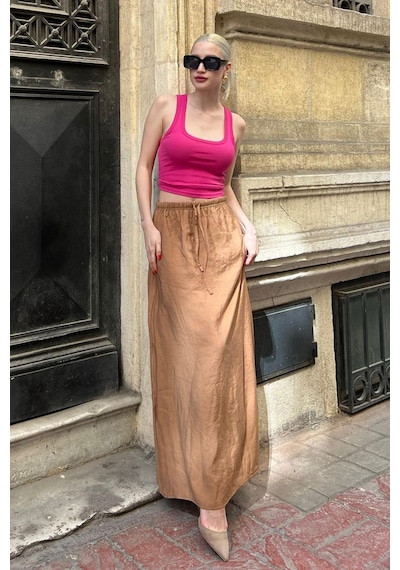 Madmext Camel Beli Lastikli Uzun Kadın Etek Mg1979 Camel