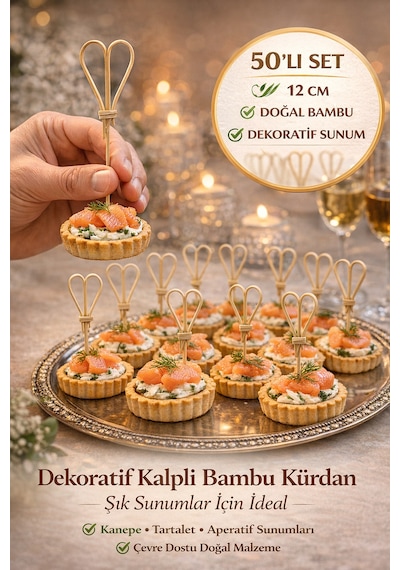 50 Li Kahve Kalpli 12 Cm Doğal Bambu Kürdan Kanepe Kokteyl Sunum Servis Kürdanı Parti Kürdanı