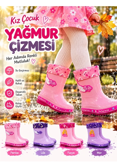 Mini Bonito Kız Çocuk Prenses Desenli İçi Astarlı Kaymaz Tabanlı Kışlık Yağmur Çizmesi Lila - Beyaz Mini Bonito Kız Çocuk Prenses Desenli İçi Astarlı Kaymaz Tabanlı Kışlık Yağmur Çizmesi Lila - Beyaz