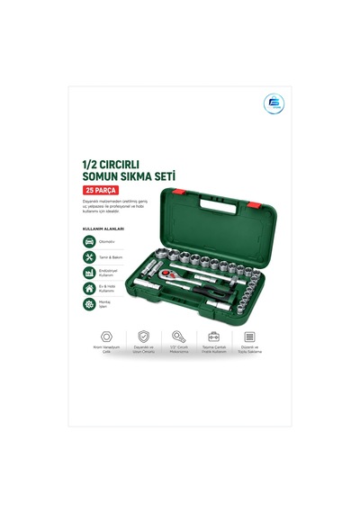 1/2 İnç 25 Parça Lokma Takımı Çantalı Cr-v Crırık Kollu Mafsallı