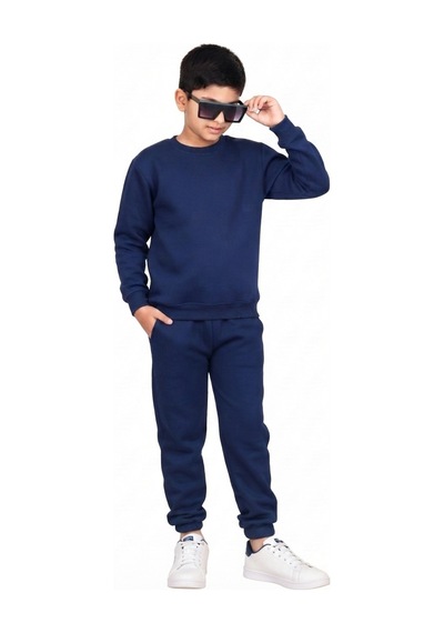 Erdem Kıds Unisex Kız-erkek Çocuk Paçası Lastikli 3 İplik Şardonlu Pamuklu Basic Bisiklet Yaka Okul Eşofman Takımı Lacivert Lacivert