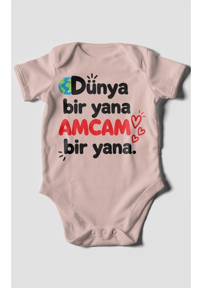 Morivokids Dünya Bir Yana, Amcam Bir Yana Kısa Kollu Bebek Body %100 Pamuk Pastel Pembe
