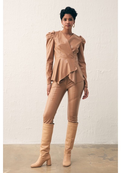 Sateen Kruvaze Deri Bluz - Camel