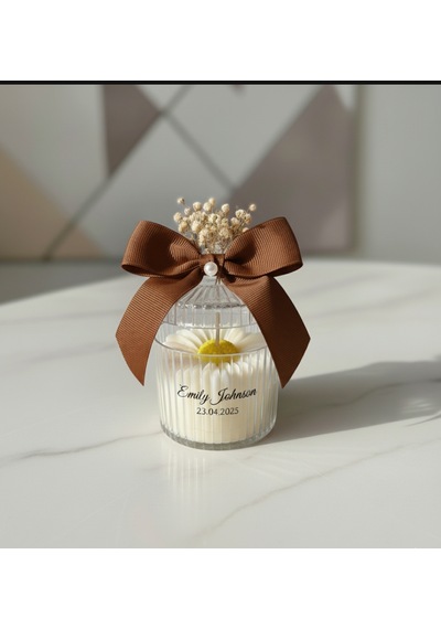 Papatya Desenli Mika Kutulu İsimli Mum Hediyelik Nikah, Nişan & Baby Shower 20 Adet
