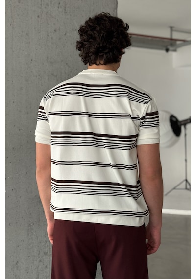 Erkek Bisiklet Yaka Oversize Çizgili Triko T-shirt Ekru