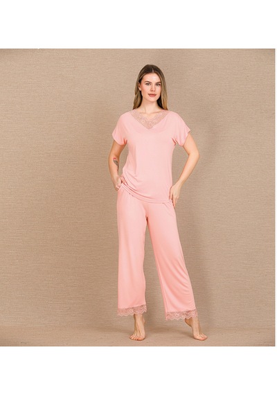 Aria's Closet Arias Closet Viskon Şık Tasarım Dantel İşlemeli Açık Pembe Kısa Kol Pijama Takımı