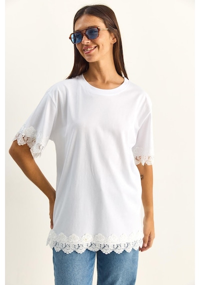 Shade Kadın Bisiklet Yaka Dantel Detaylı Oversize T-shirt 2134 60286120 - Beyaz
