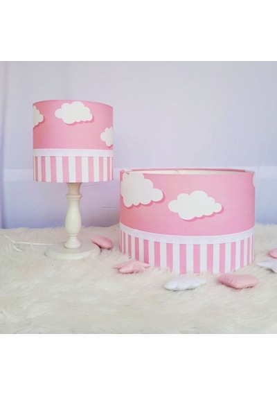 Pembe Bulutlu Çizgili Çocuk Odası Avize Abajur Set Pembe