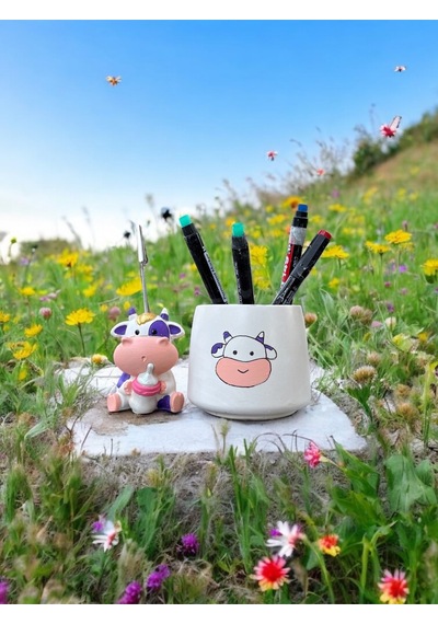Set Mor Kawaii Sevimli İnek Fotoğraf Tutucu Not Tutacak Kalemlik Ofis Seti Hediyelik Mor İnek Milka