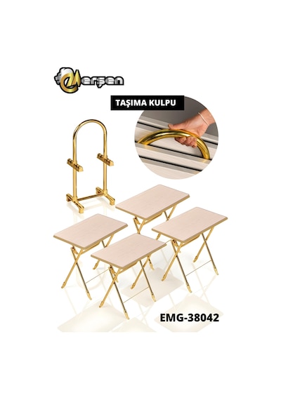 Eranş Serisi 4'lü Katlanır Mdf Mebran Ahşap Çanta Zigon Sehpa Gold Ayak Açık Ahşap Desen Gold Ayak