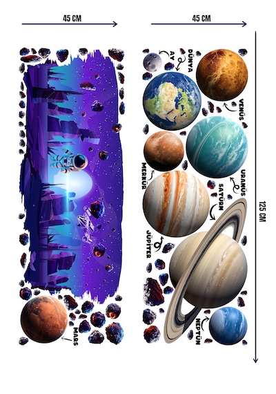 Uzay Temalı Çocuk Odası Duvar Sticker Seti Astronot, Gezegenler & Asteroit 01
