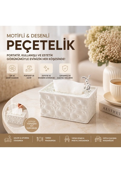 Barotti Dmr-9916 Yaylı Dekoratif Dikdörtgen Peçetelik - 18.4x12.5x9 Cm, Beyaz
