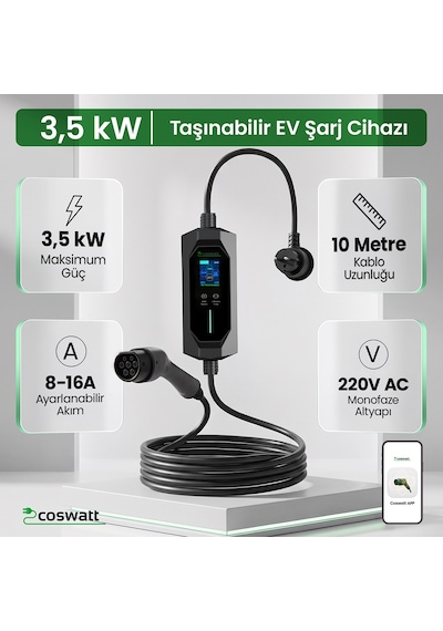 3.5 KW 16A 10M Taşınabilir Elektrikli Araç Şarj Cihazı