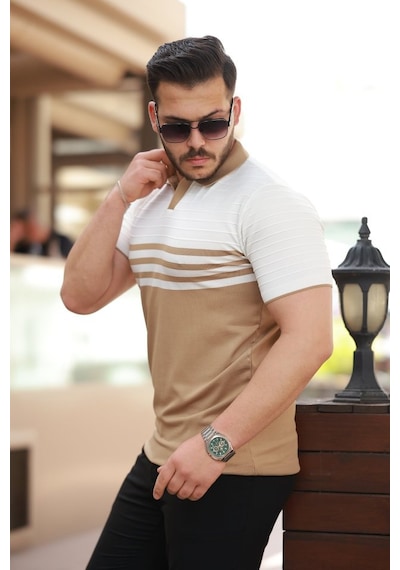 Erkek Çizgi Desenli Yakalı Kısa Kollu T-shirt Camel